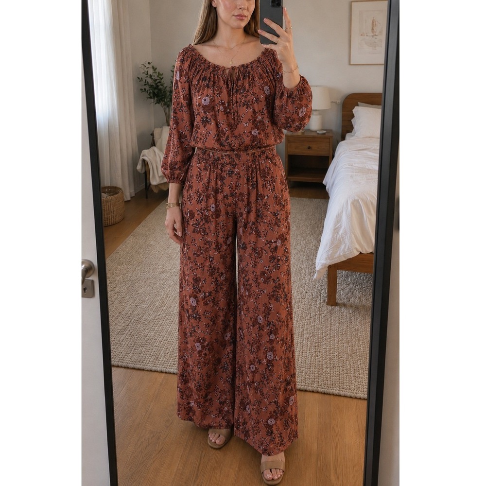 Aura Womens 2 Piece Set XL Brown Floral Peasant Top Wide Leg Pants Boho Hippie